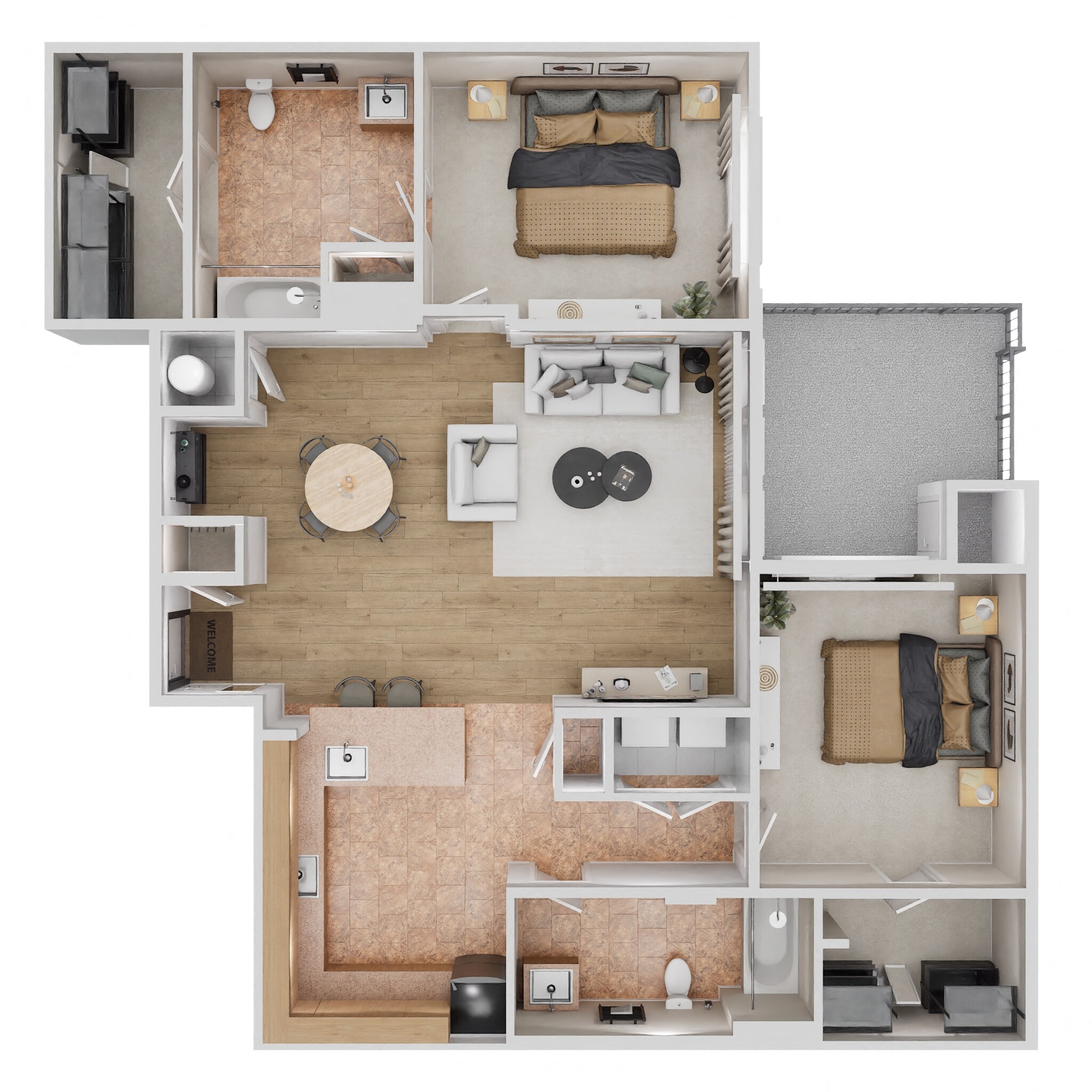 Floor plan for 2 beds, 2 baths, 1266 sqft